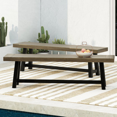 Banc d'extérieur en bois, conception à deux tons, brancard en H, largeur de 63 pouces, banc de patio en bois à deux tons avec plateau à lattes rustique, 18 hauteurs, look épuré