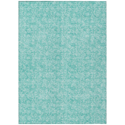 3' X 5' Teal Blue And Ivory Floral Washable Indoor Outdoor Area Rug
