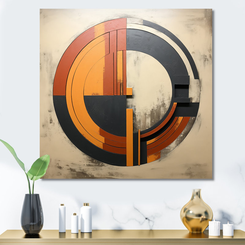 Mid-Century géométrique abstrait en orange rétro - Art mural encadré abstrait Mid-Century, Toile tendue, 16" H x 16" W
