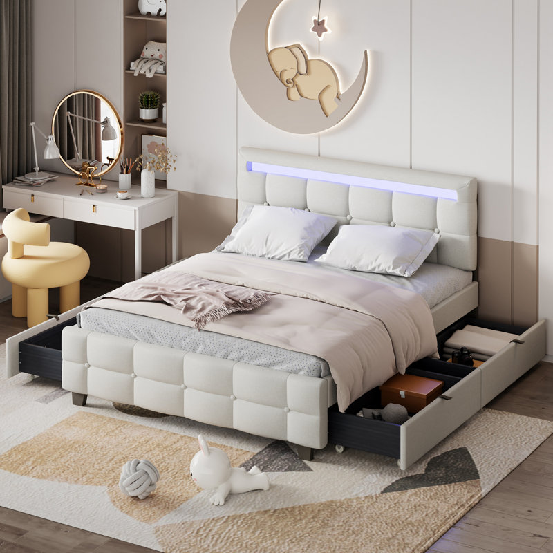 Lit plateforme tapissier avec cadre à DEL et 2 tiroirs, Grand, Beige
