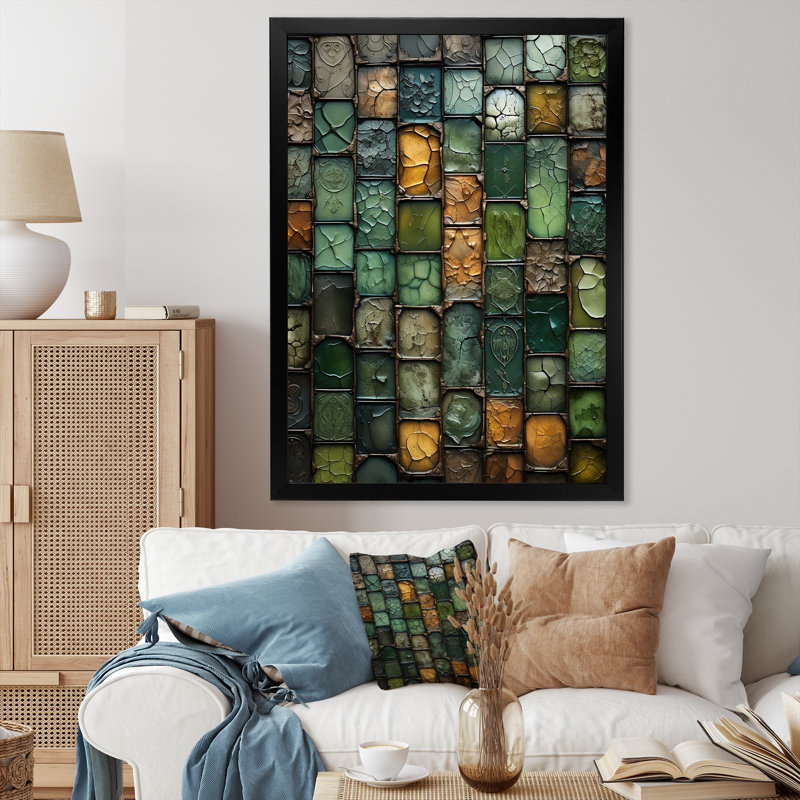 Green Stones Tiles II - Abstract Tile, art mural, Cadre photo noir simple, H 40 po x l 30 po x P 1,5 po