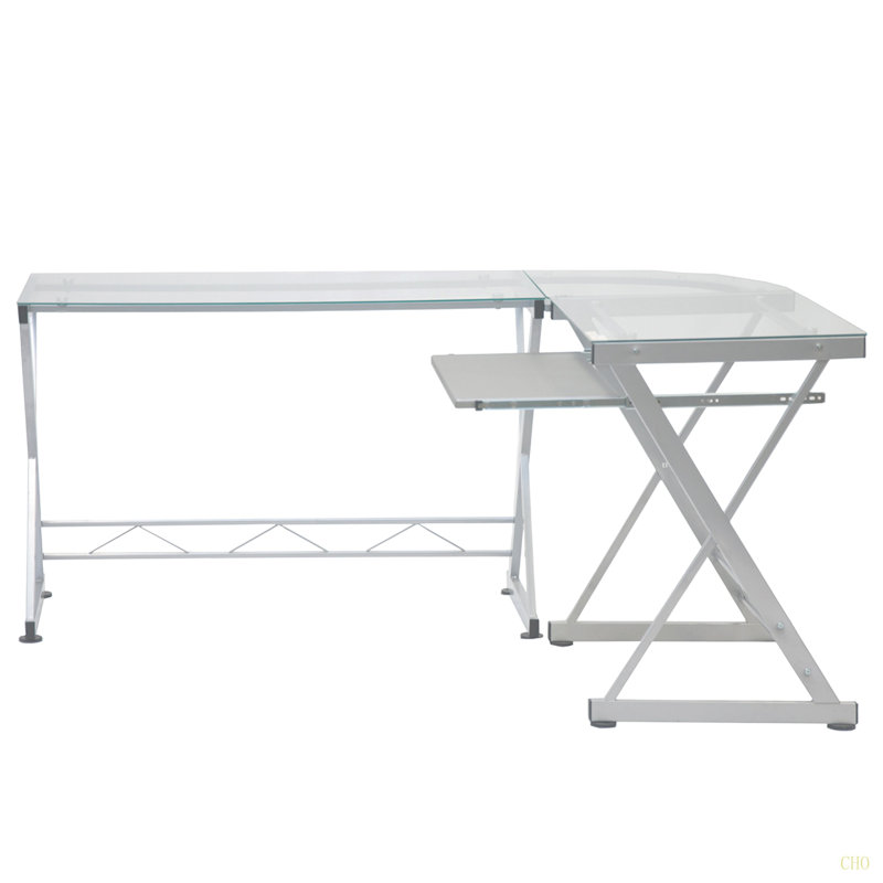 L-Shaped Tempered Glass Top Computer Desk With Pull Out Keyboard Panel, Clear