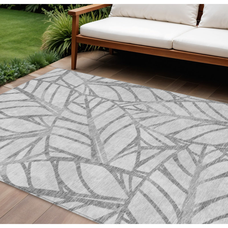 Tapis floral lavable intérieur / extérieur argenté 10 pi x 14 pi