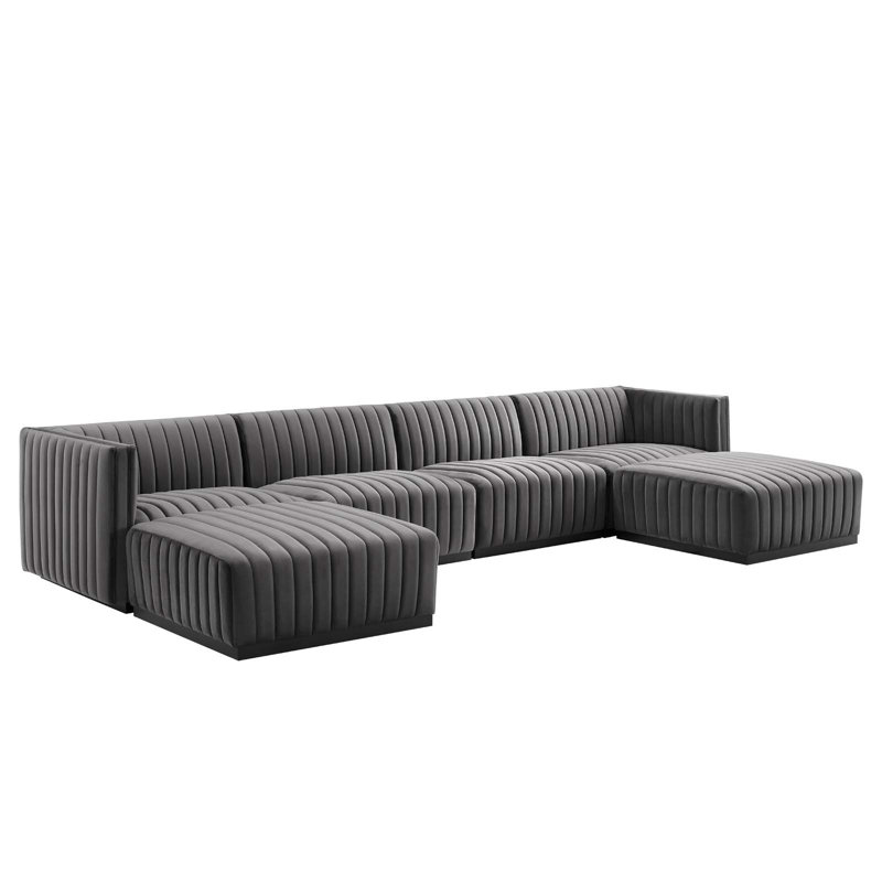 Gray Velvet Tufted Six-Piece Sectional with Ottoman