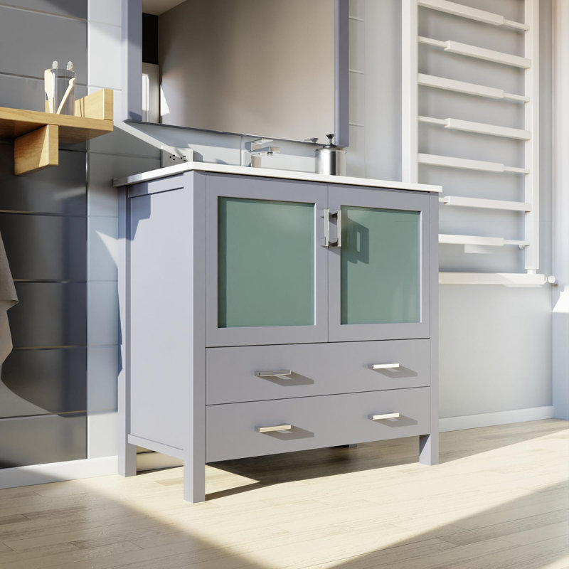 Ensemble de meuble-lavabo avec comptoir en céramique blanche et robinet, Gris foncé