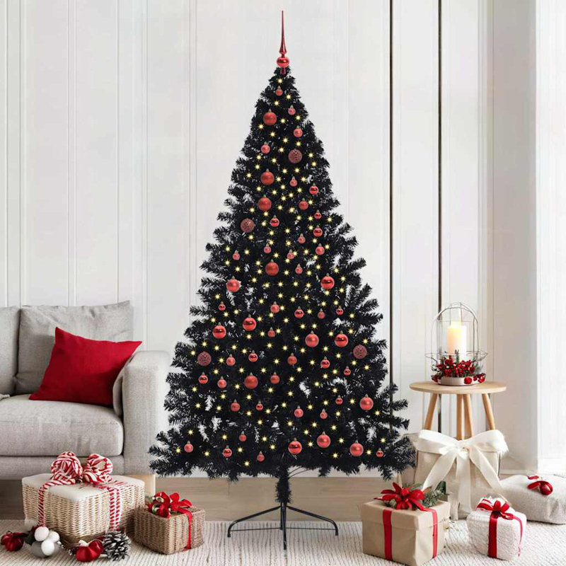 6.89' H Lighted Artificial Christmas Tree, 210 cm, with 120 Red Balls, Black