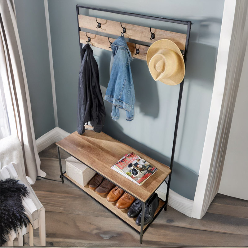7 - Hook Coat & Shoe Rack Hall Tree Bench Industrial Hallway Entryway Furniture