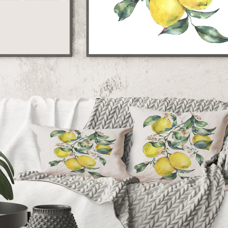 Carré, branche de citrons jaunes et feuilles I - coussin décoratif imprimé tropical, 16" x 16"