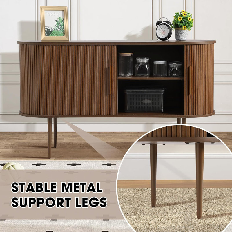 Brown Oak 55" Sideboard Buffet Cabinet with Fluted Sliding Doors
