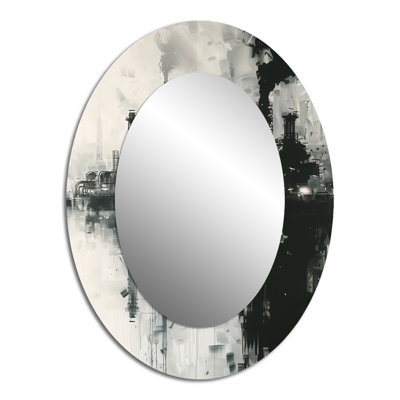 Black Grey Monochrome Petrochemical Panorama Oil Rigs - Architecture Oval Decorative Mirror On Metal