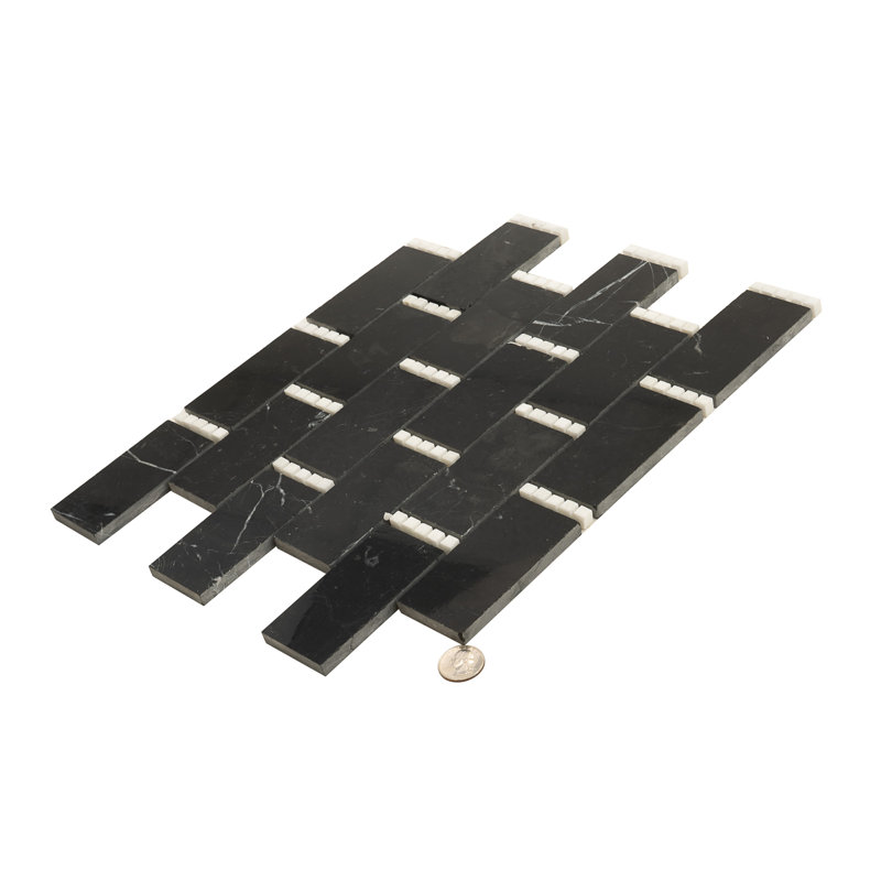 Noir Luxe 12 x 13 Eastern Black, Thassos Marble Mosaic Brick Tile (5.28 Sq Ft/Case) - 5 Pack