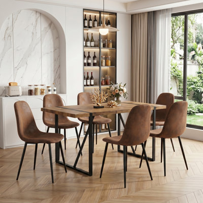 7-Piece Modern Rectangular Wood Dining Set with Geometric Metal Base and Upholstered Chairs