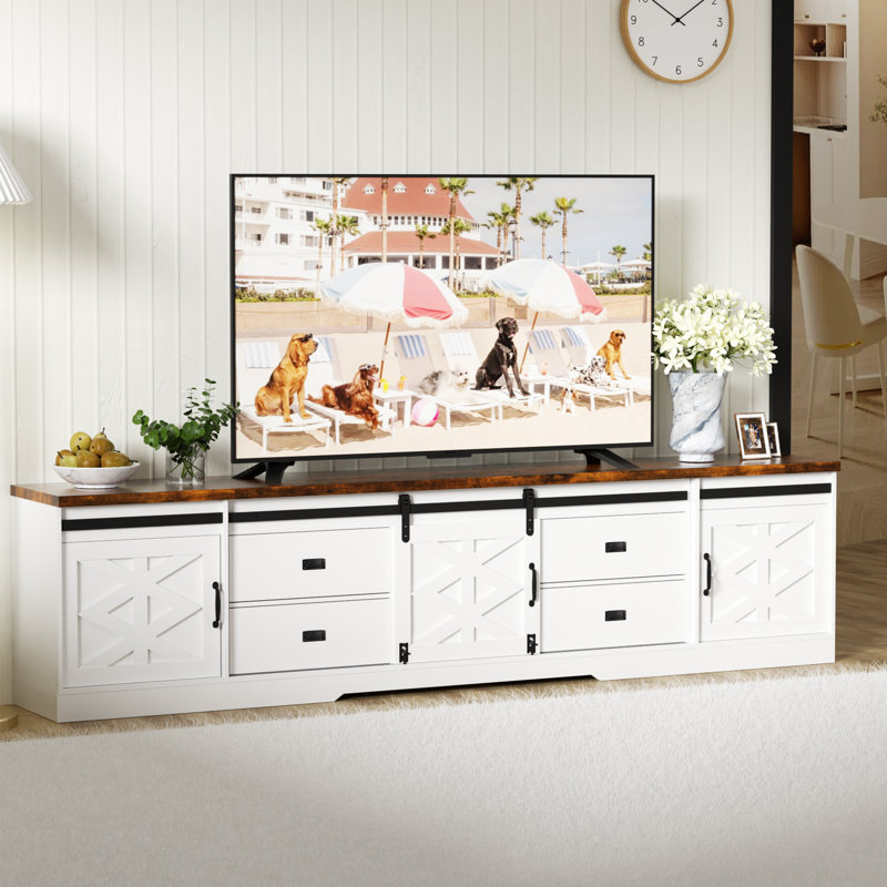 Mid Century Modern TV Stand For 75+ Inch TV, Rolling Door Entertainment Center With Storage, Wood TV Console, Media Console For Living Room Bedroom