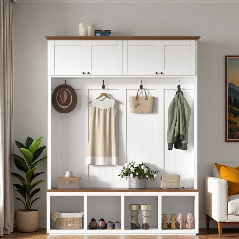 Farmhouse Hall Tree With Bench, 4 Cabinets, 4 Open Compartments And Coat Racks, White