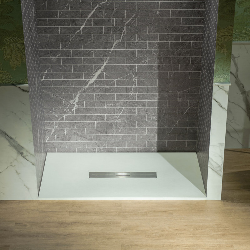 WOODBRIDGE 60" W x 32" D x 96" H Solid Surface 3-Piece Shower Wall Panels, Trimmable, Quick Install, 1/8"(3.5mm) Thick, Matte Dark Gray, White Grout, Textured Tile with Marble Veining, WDG-603296-S-M