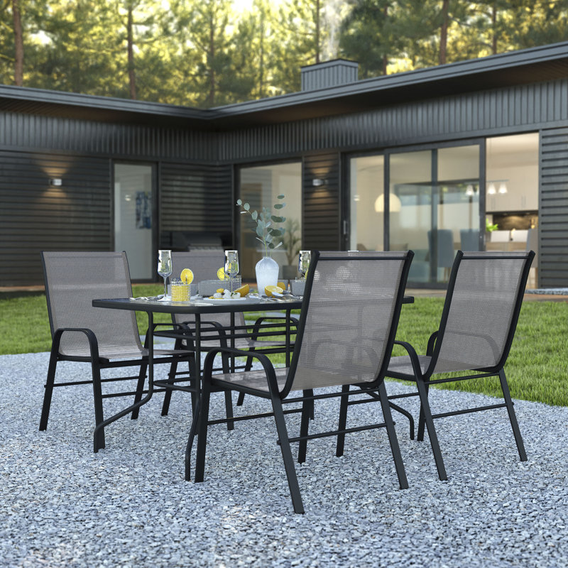 Elgin Patio Dining Set with Glass Table and Flex Stack Chairs, Gray, 4