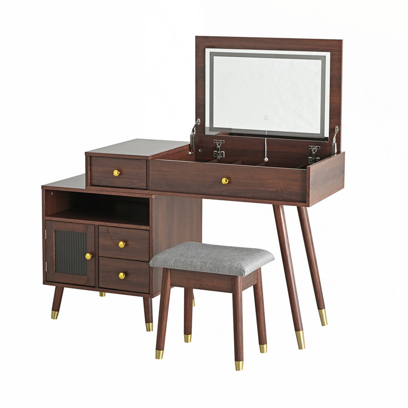 Coiffeuse 3 en 1 avec tabouret, Noyer