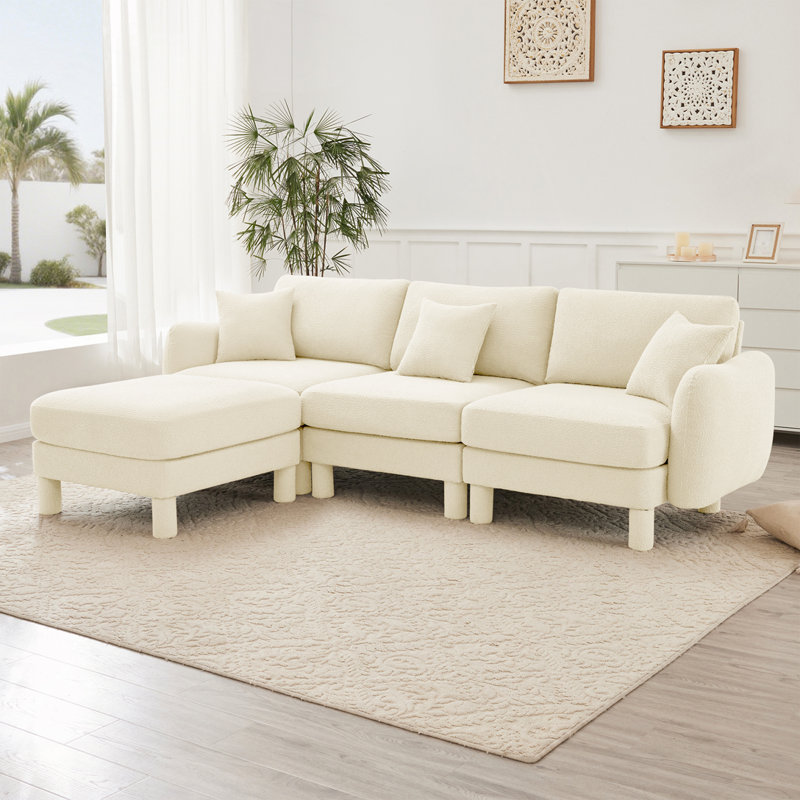 Boucle Fabric 3-Seat Sofa Including 2 Pillows，Ottoman, Beige