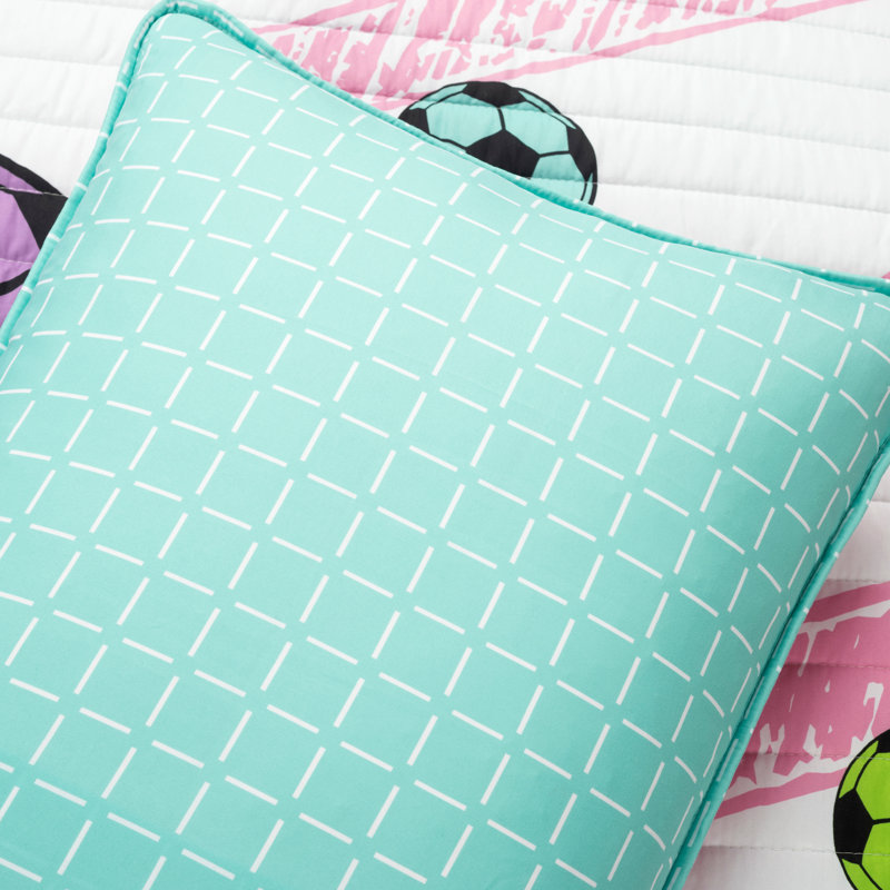 White and Turquoise Reversible Soccer Quilt Set with Pillows