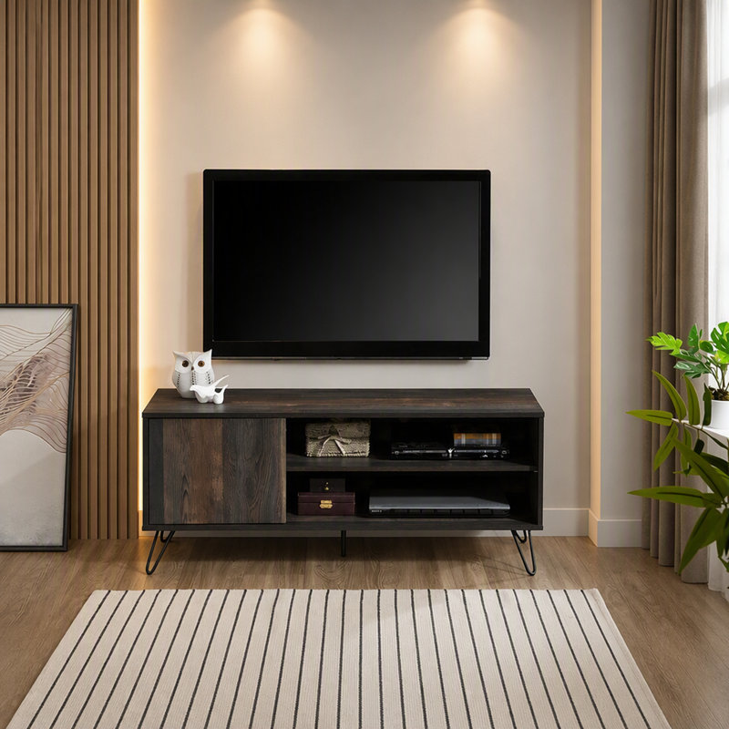 Meuble télé moderne en bois avec étagères ouvertes et armoire de rangement