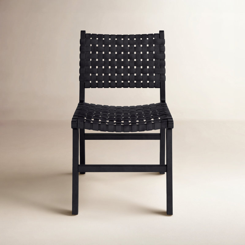 Dale Top Grain Woven Leather with Teak Frame Dining Side Chair, Antique Black Leather, Black Frame