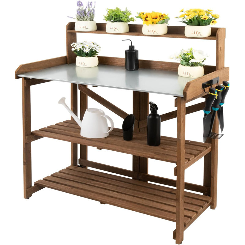 Banc de rempotage avec plateau galvanisé, table de rempotage extérieure en bois pliable, 2 tablettes inférieures, brun