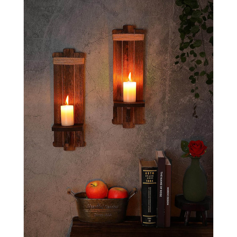 2 Piece Wood Wall Wall Sconce Set, Brown