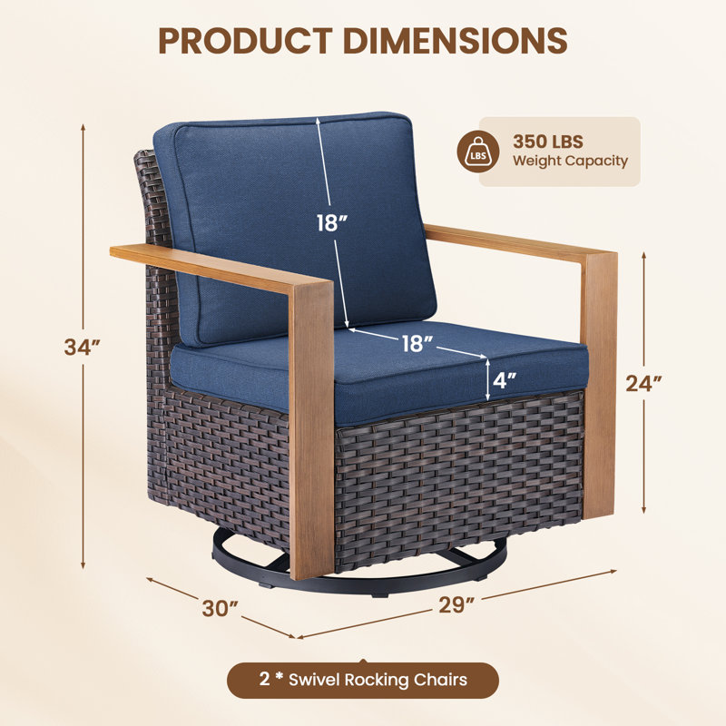 Ensemble de 2 chaises d'extérieur pivotantes avec coussins, Bleu, Brun