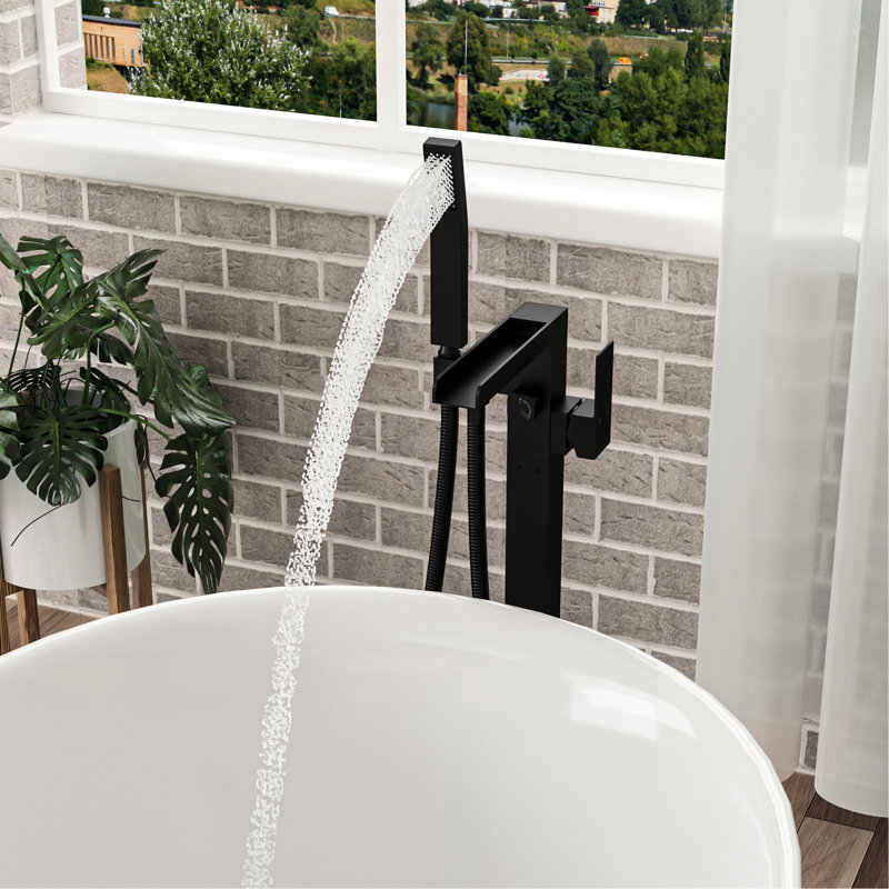 Freestanding Bathtub Faucet With Waterfall Tub Filler And Hand Shower, 360 Rotatable Spout, Dual Temperature Regulation, Brass Base Matte Black Faucet, 59" - Kink Hose, Control For Relaxing Water