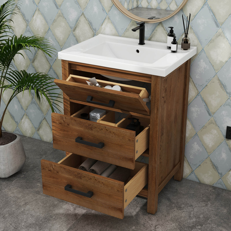 Meuble-lavabo 24 po avec lavabo en céramique, unité de rangement moderne avec 3 tiroirs 24 po
