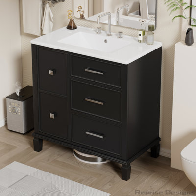 Meuble-lavabo 30 po avec lavabo en céramique, pieds en bois massif