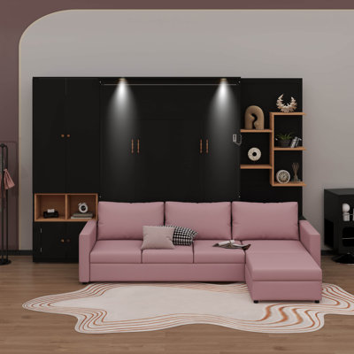 Murphy Bed With Sofa & Storage Shelves, Space-Saving Wall Bed With Dual Lights & Cabinets