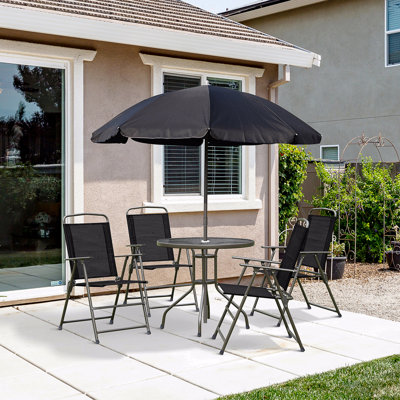 Ensemble de salle à manger de patio 6 pièces pour 4 personnes avec parasol, table d'extérieur et chaises avec 4 chaises pliantes et table ronde en verre pour le jardin, la cour et la piscine