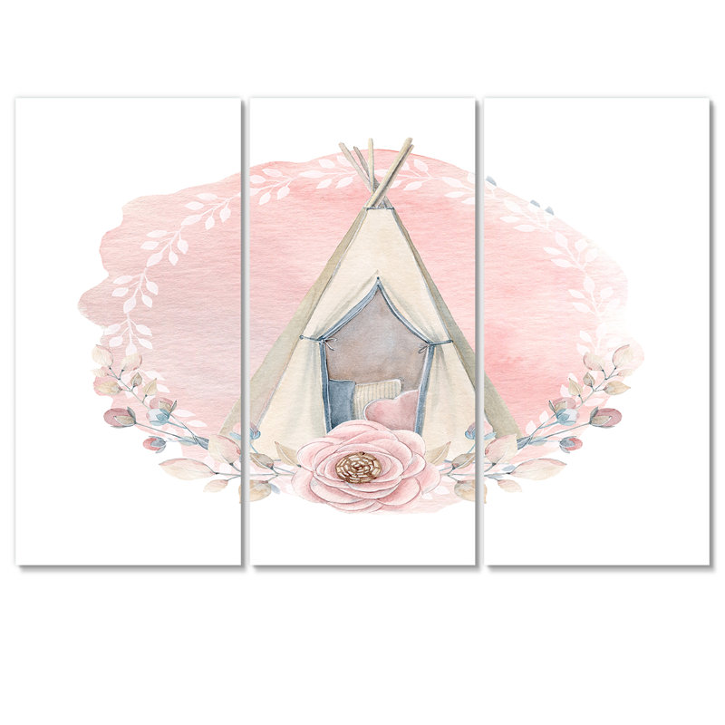 Kids Boho Wigwam en rose - peinture sur toile tendue 3 pièces, H 32 po x l 48 po x P 1 po