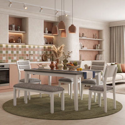 6-Piece Dining Table Set with Wood Grain Tabletop, Rubber Wood Legs, 4 Upholstered Chairs and Bench