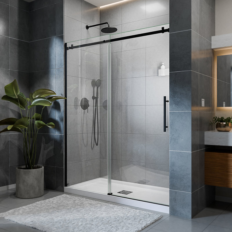 Seneca 56-60 in. W x 76 in. H Frameless Sliding Shower Door in Polished Stainless Steel, Matte Black
