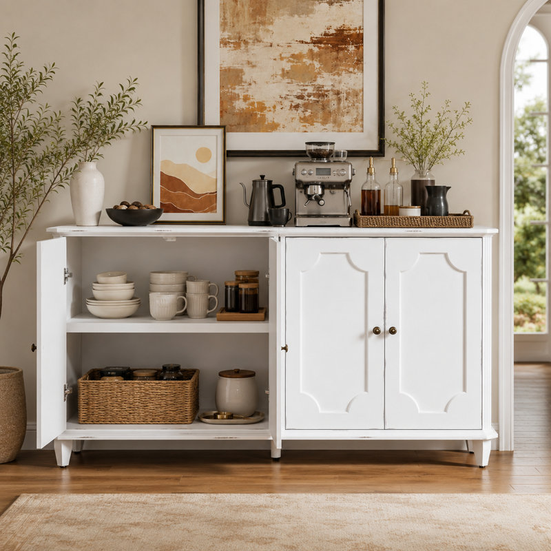 Buffet 60 po avec rangement, grande console d'entrée avec 4 portes et tablettes réglables, armoire de rangement décorative pour salle à manger, salon et cuisine