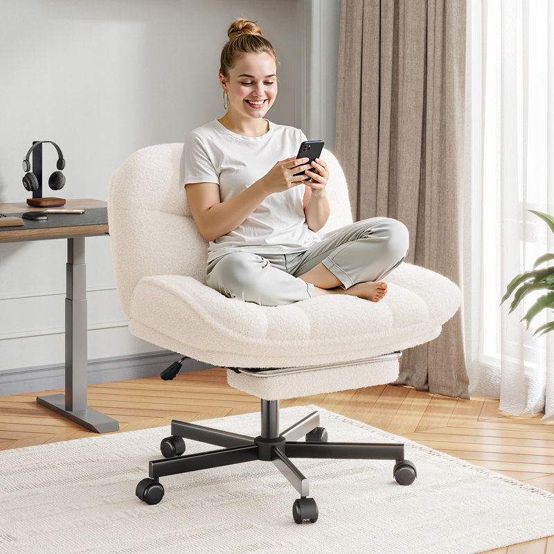 6.3" Thick Cushioned Cross Legged Swivel Office Chair With Foot Rest And Wheels, Height Adjustable, White