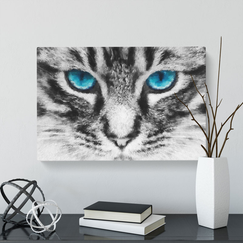 Bright Blue Cat Eyes Painting - Wrapped Canvas Graphic Art, 50cm H x 76cm W x 3cm D