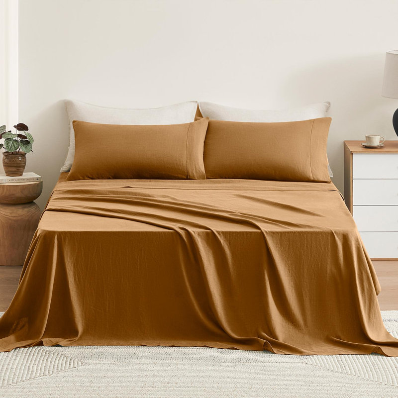 TOSMO 100% Linen Sheet Set, Butternut, Full