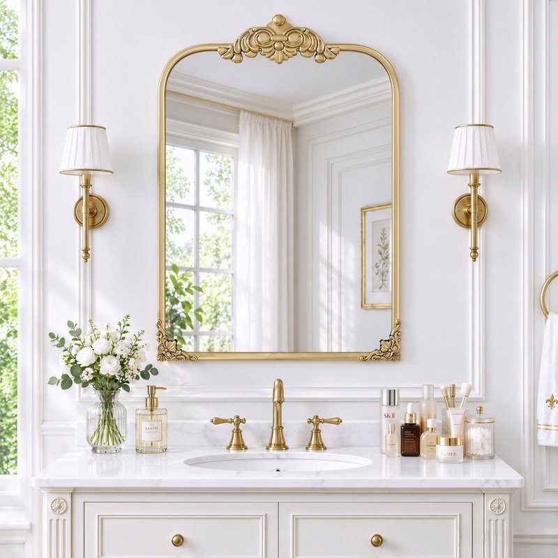 87 x 60 cm Baroque Gold Overmantle Mirror Ornate Wall Mirror Arched Bathroom Vanity Mirror, 87*60-PC 1