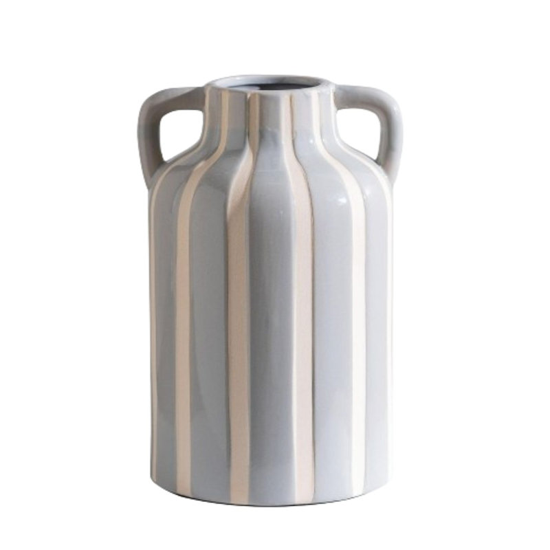 Vase gris en céramique avec poignées à rayures Modern Farmhouse