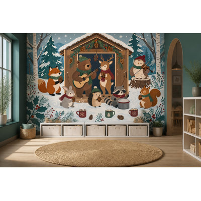 Fresque murale Animaux de la forêt en hiver Forêt musicale Décoration de chalet de Noël
