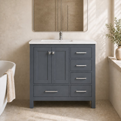 Meuble-lavabo autoportant gris anthracite avec plateau en quartz de Carrare 36 po Anvay