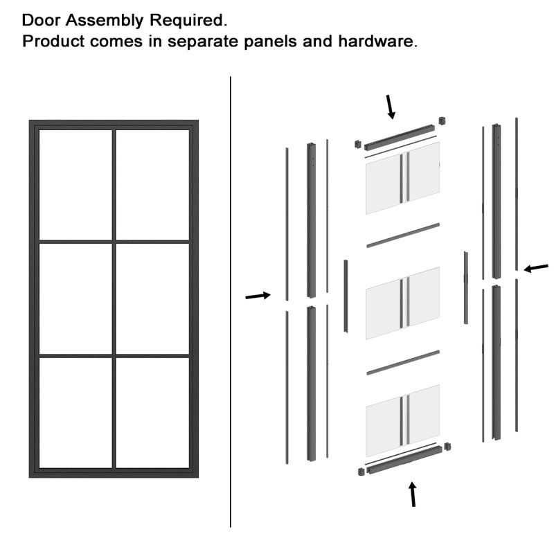 Sliding Metal Frame Glass Barn Door With Handle And Installation Hardware Kit, Frost