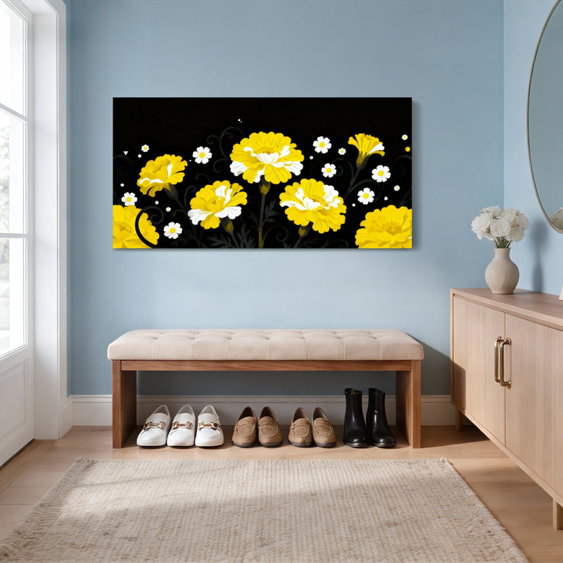 Ensemble de 1 tableau sur toile à motif floral de souci jaune et blanc, H 12 po x l 36 po