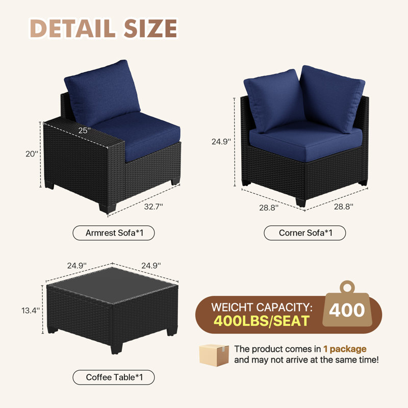 2 -Person Rattan Patio Safo With Cushions, Navy, Black