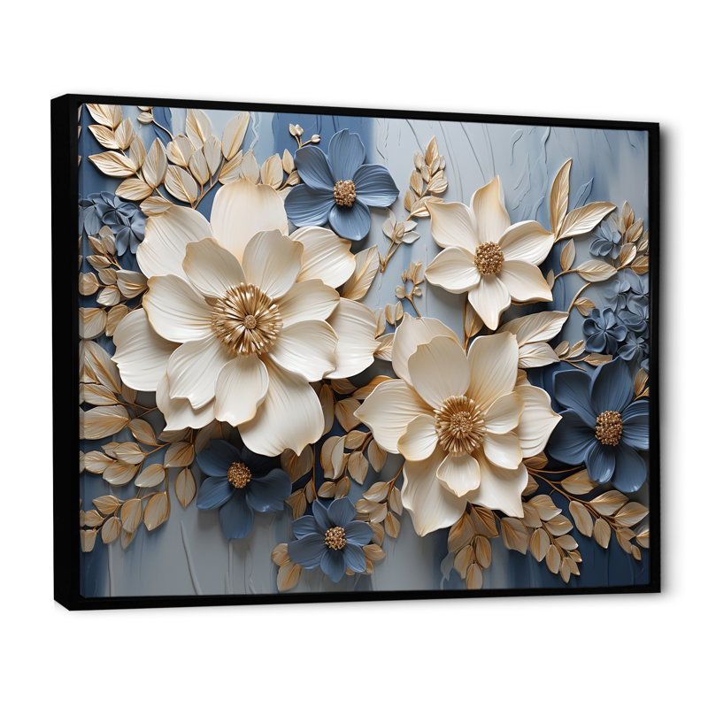 Composition de fleurs saisonnières beige et bleu - Fleurs saisonnières, H 30 po x l 40 po x P 1,5 po, Cadre flottant noir