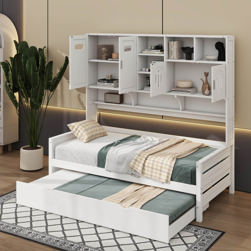 Lit de jour en bois avec armoires intégrées, tablettes et couchette coulissante flexible, Lit simple, Blanc