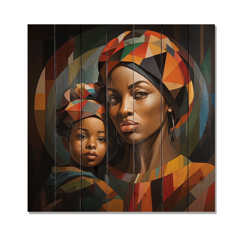 Orange orange, mère et enfant «Bond I» - reproduction d'art africain sur bois, H 25 po x l 25 po